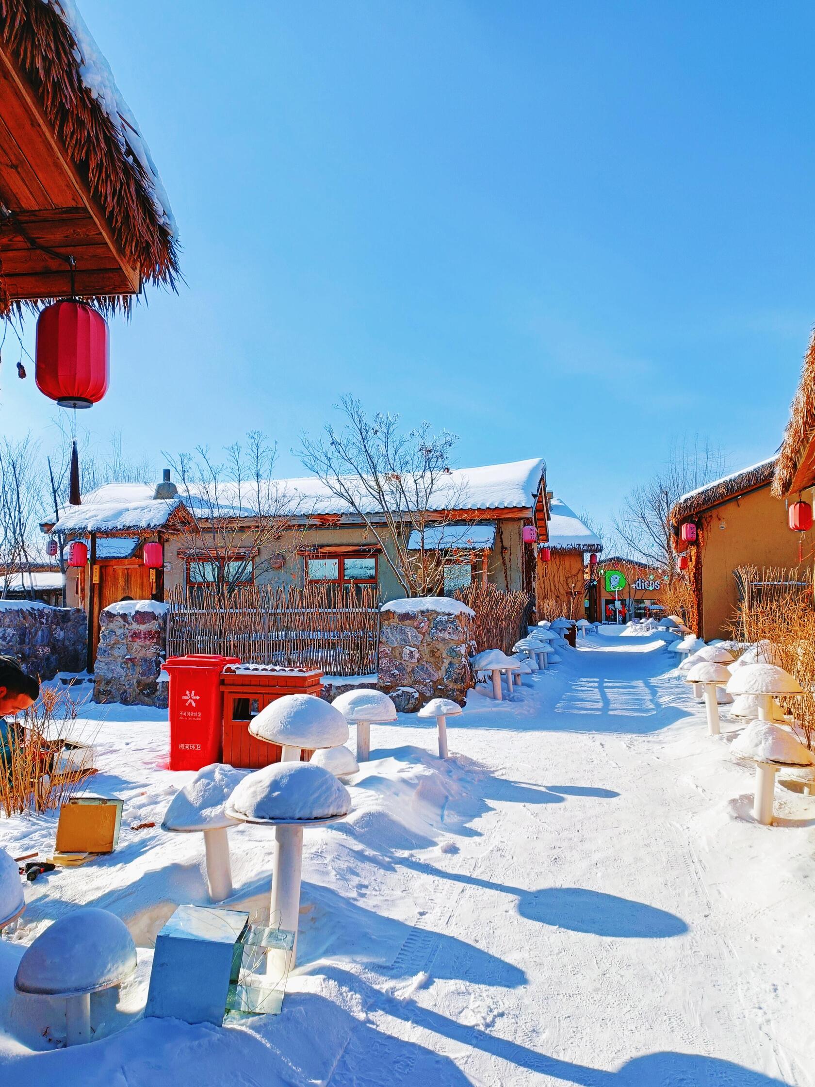 Snow-covered traditional village houses with red lanterns, evoking a cozy Northeast China winter atmosphere.