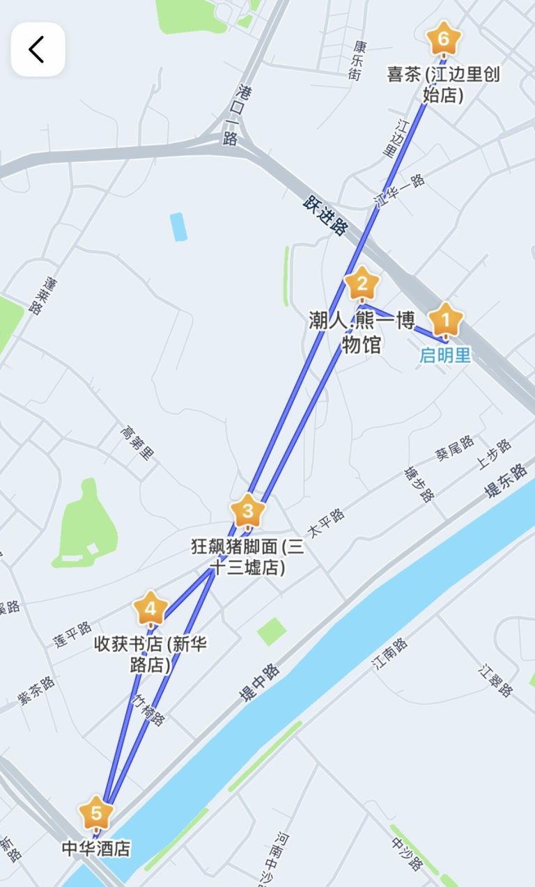 Map of Jiangmen citywalk route, highlighting Qimingli and other historical sites for a GBA Road Trip