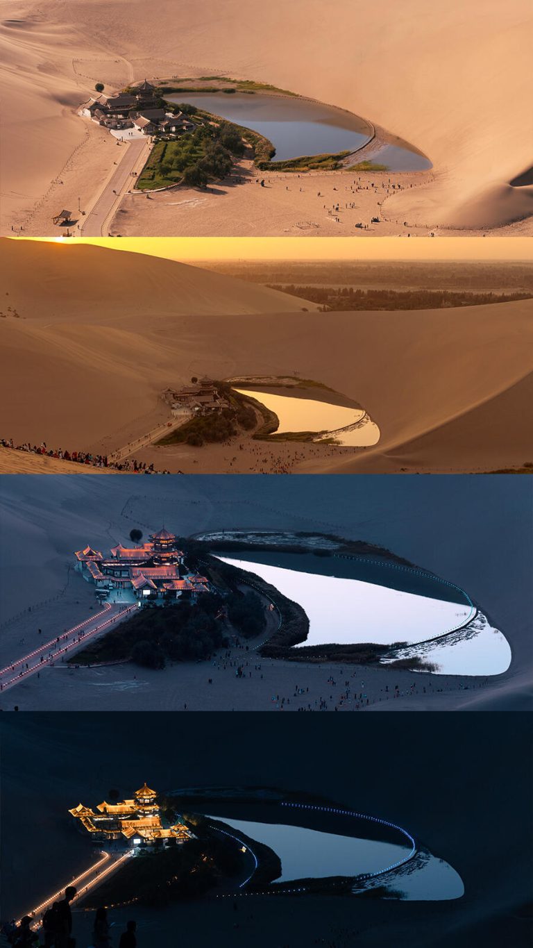 A collage of Crescent Lake and Mingsha Mountain at different times of day, a highlight of the Hexi Corridor Adventure.